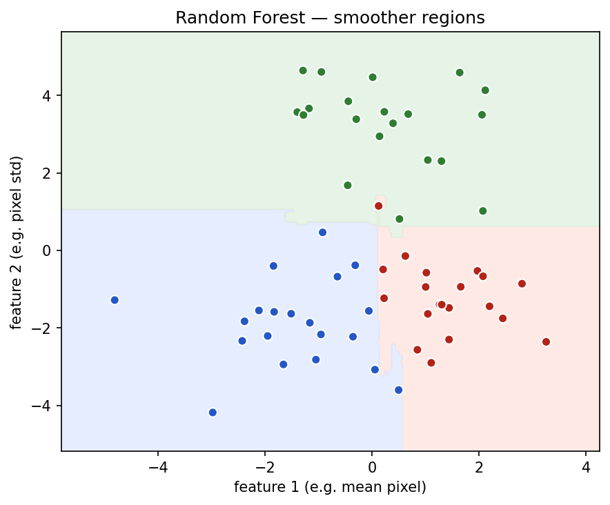 The same three classes of points as the decision tree, but with smoother, less blocky decision regions in the background.